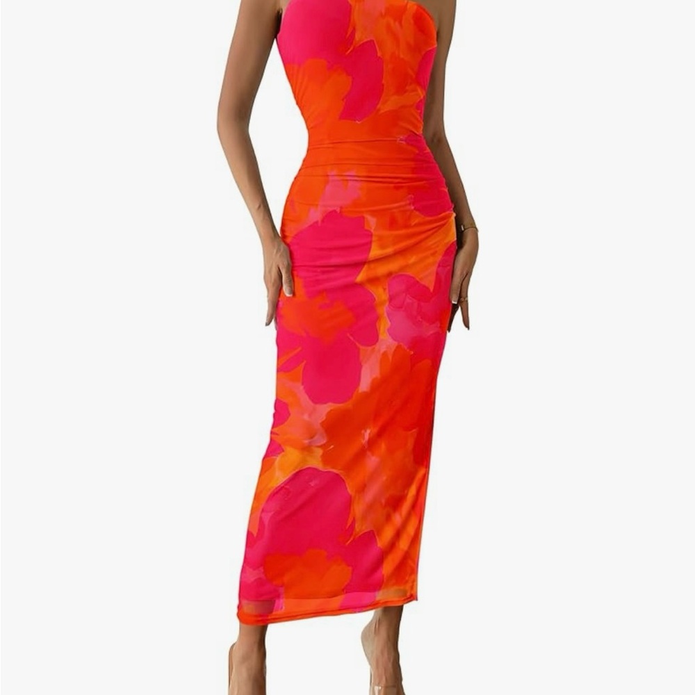 Elegant Strapless Dress in Orange and Pink